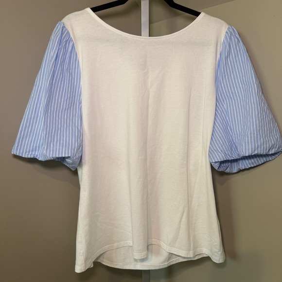 Talbots Women's White T-Shirt‎ with Blue Striped Puff Sleeves Size XL - Picture 5 of 5